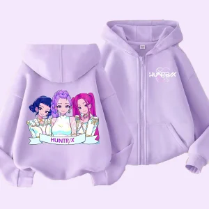 KPop Demon Hunters Zipper Hoodie Cartoon Girls Coat Fashion Thin Clothes Purple Autumn Hoodie Jacket Kids Anime Sweatshirt Gift