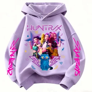 Cartoon Hoodie for Boys and Girls KPop Demon Hunter Rumi Derpy Fashionable Casual Top Printed Purple Sweatshirt Warm and Thick